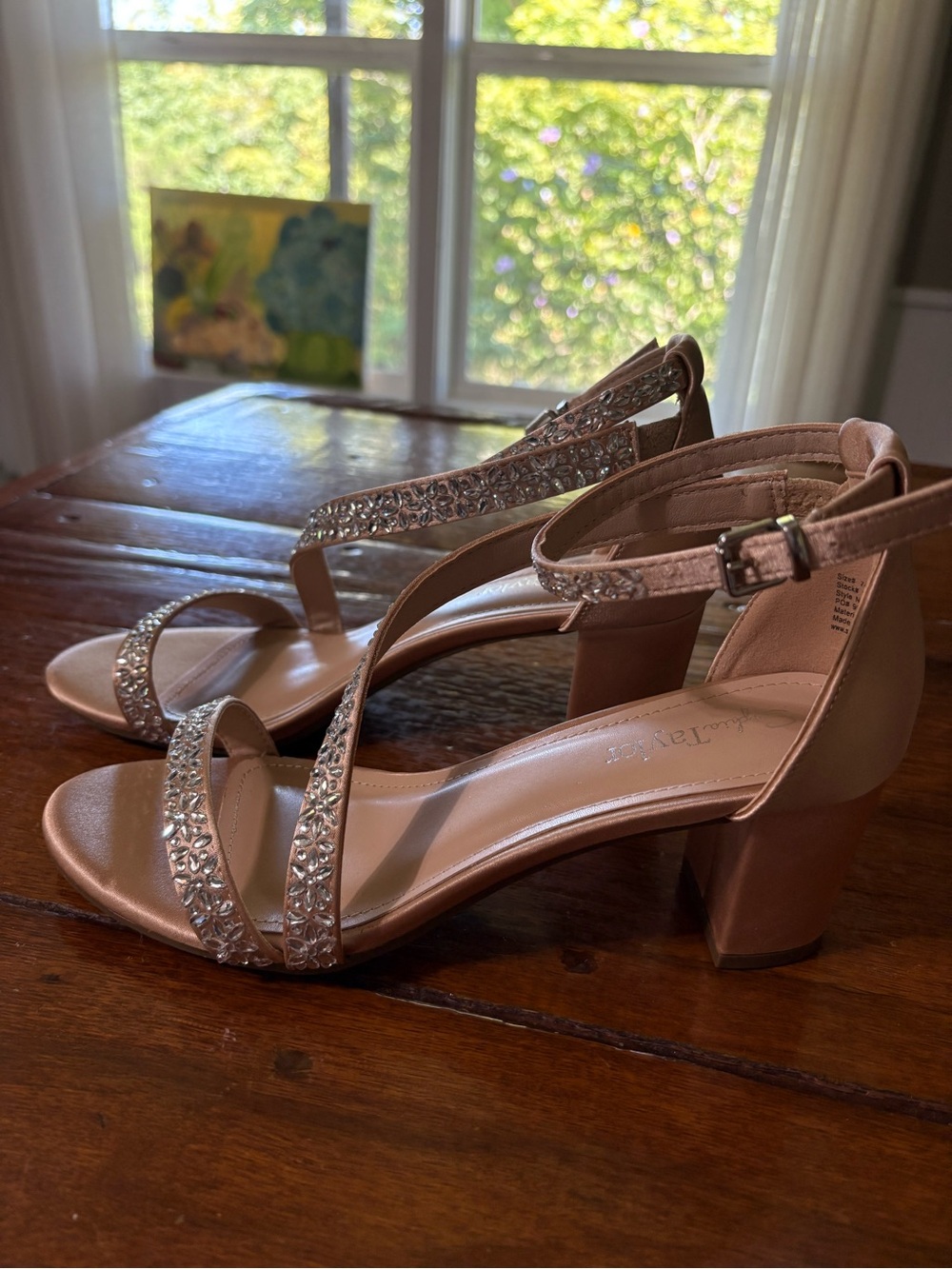 Embellished Taupe Block Heel Sandals with Ankle Strap